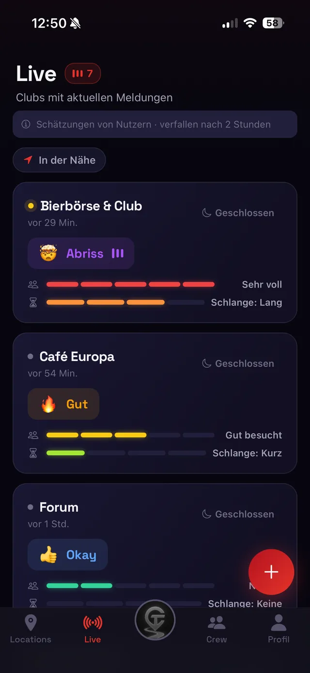 Clubtrail App, Ansicht Live