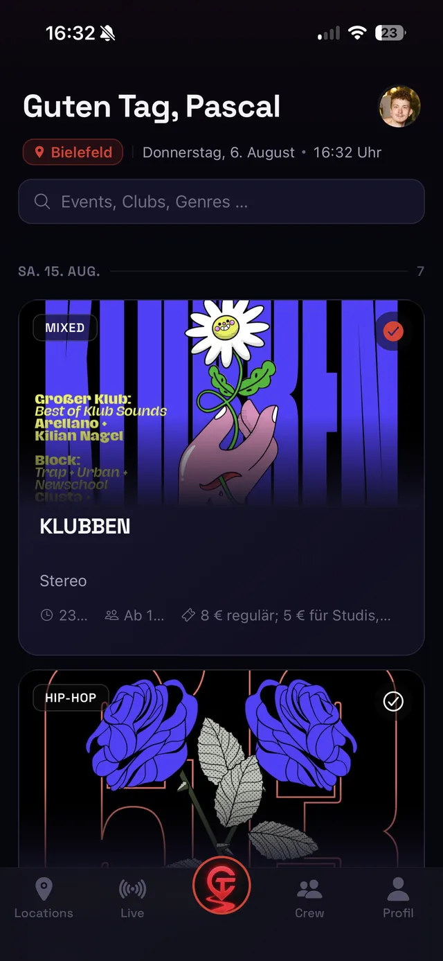 Clubtrail App, Ansicht Events