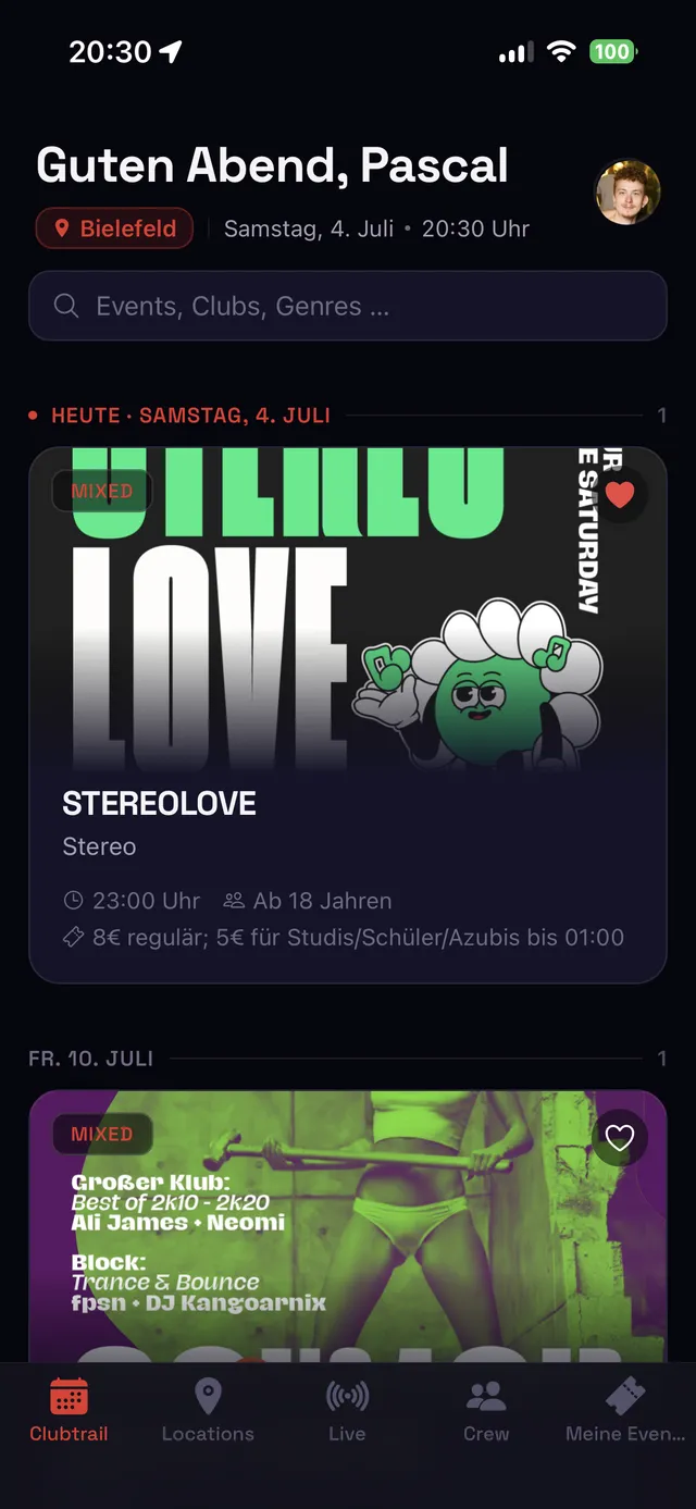 Clubtrail App: heutige Events im Stereo Bielefeld